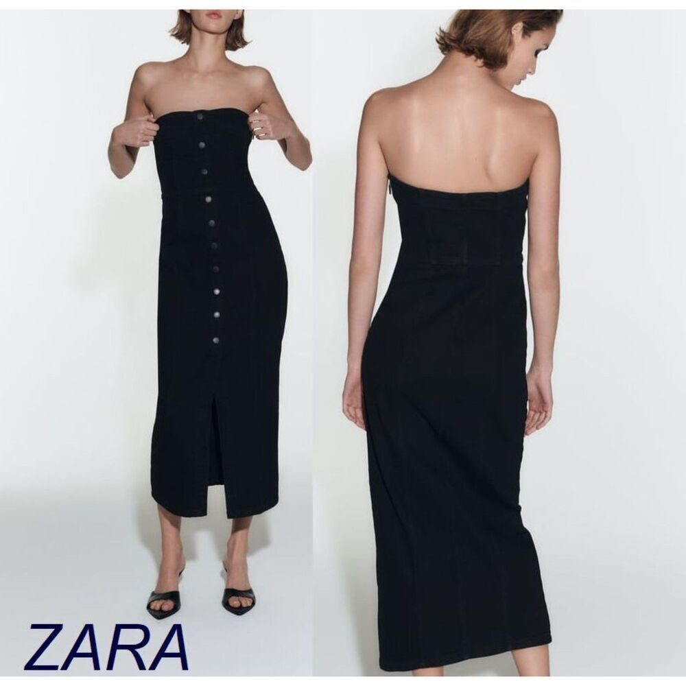 Black Denim Zara Strapless Bustier Snap Front Midi Dress (NWT)